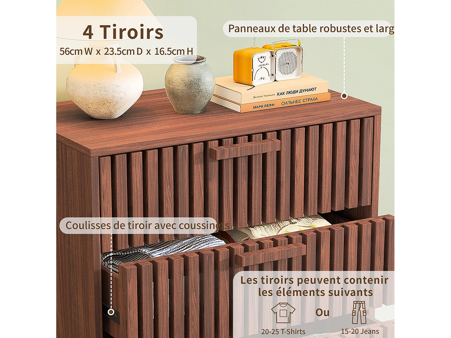 Commode à 4 tiroirs, bois, meuble de rangement avec tiroirs, pour chambre ou salon, 60 x 34 x 91 cm