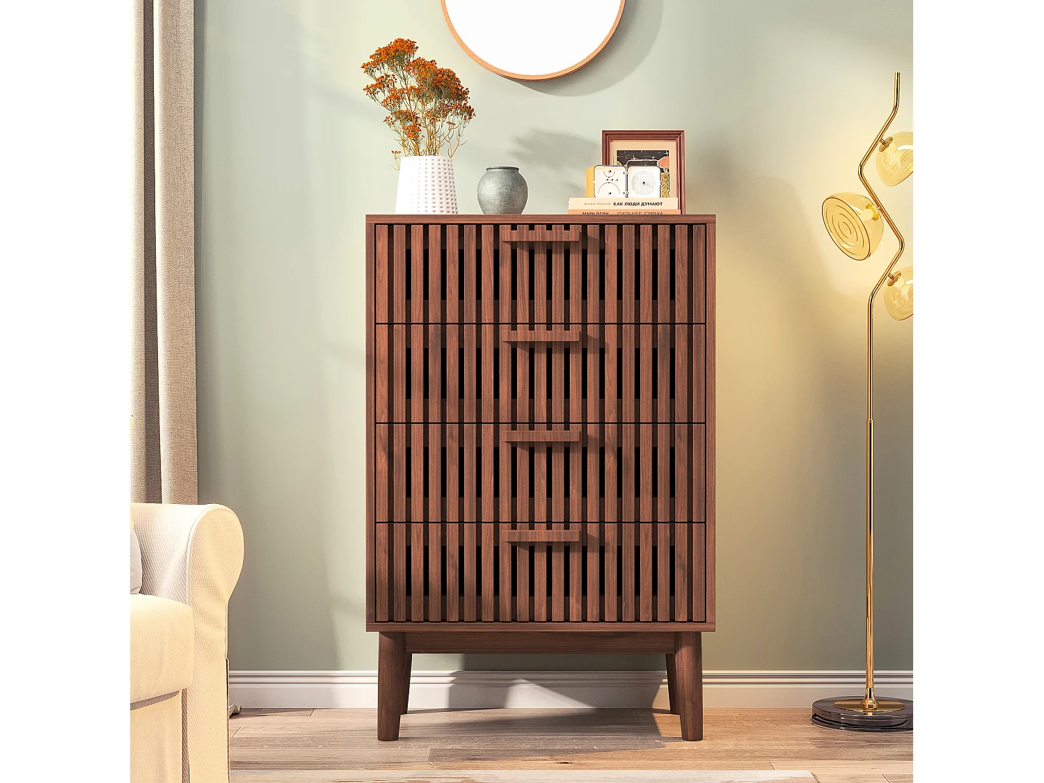 Commode à 4 tiroirs, bois, meuble de rangement avec tiroirs, pour chambre ou salon, 60 x 34 x 91 cm