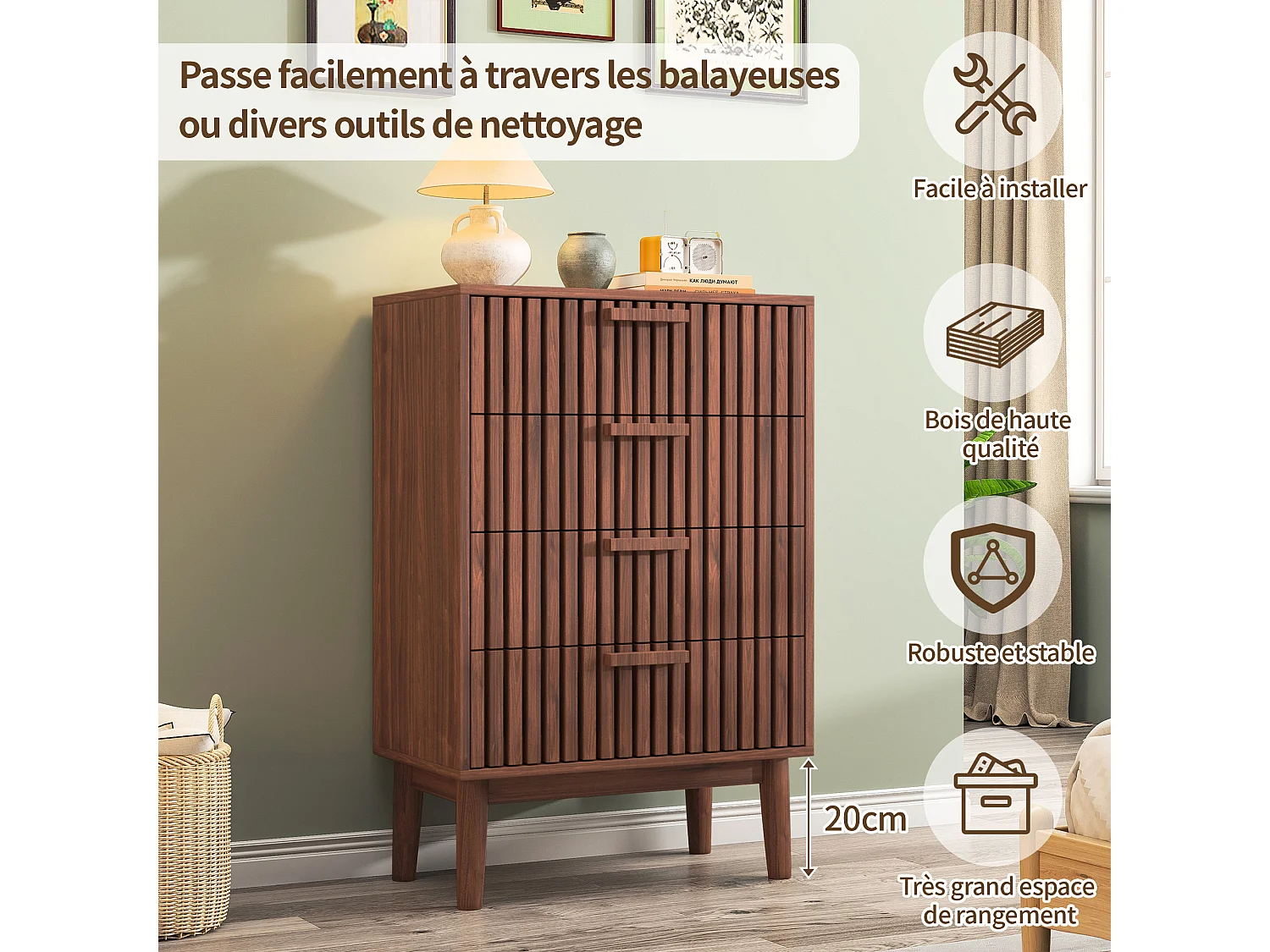 Commode à 4 tiroirs, bois, meuble de rangement avec tiroirs, pour chambre ou salon, 60 x 34 x 91 cm