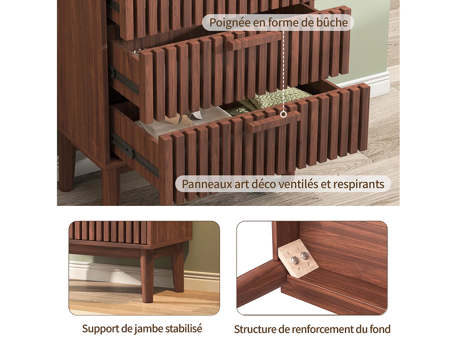 Commode à 4 tiroirs, bois, meuble de rangement avec tiroirs, pour chambre ou salon, 60 x 34 x 91 cm