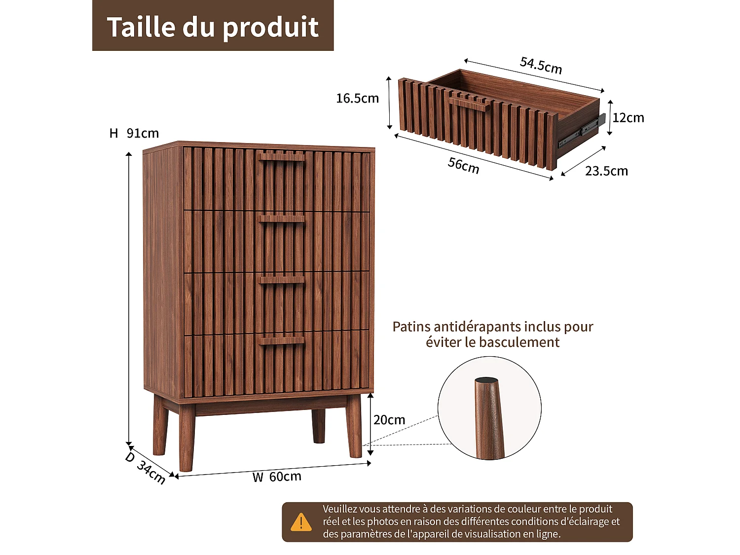 Commode à 4 tiroirs, bois, meuble de rangement avec tiroirs, pour chambre ou salon, 60 x 34 x 91 cm