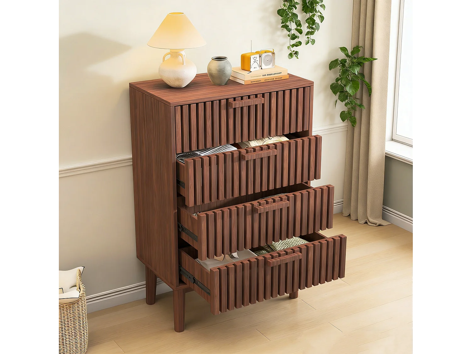 Commode à 4 tiroirs, bois, meuble de rangement avec tiroirs, pour chambre ou salon, 60 x 34 x 91 cm