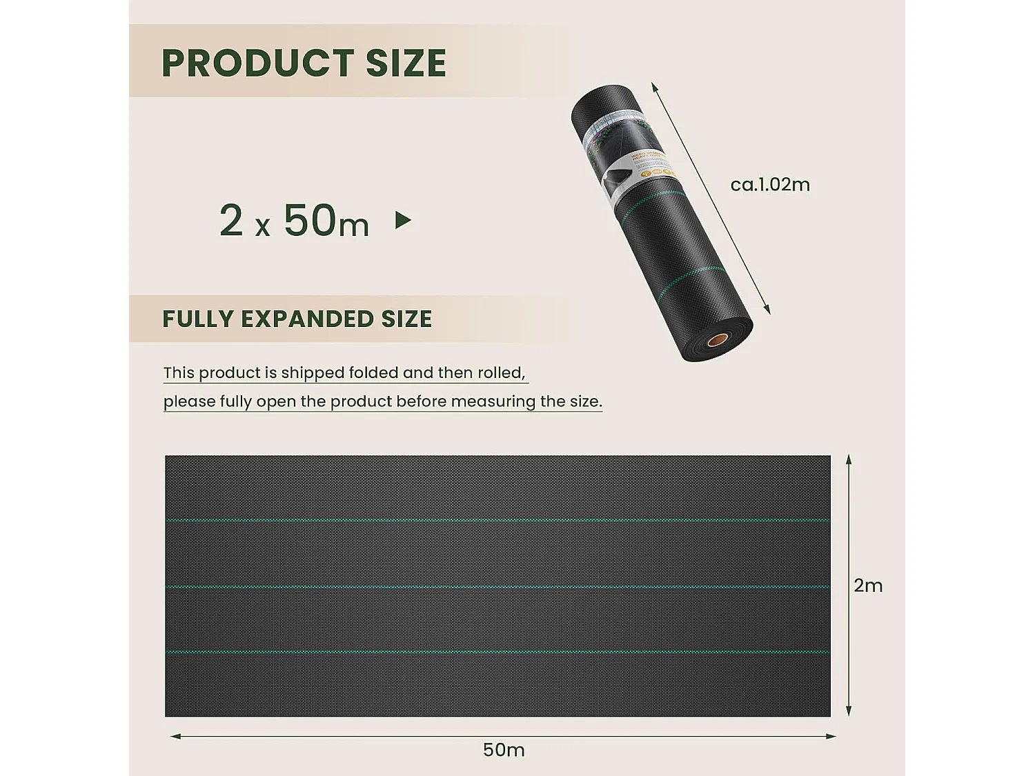 Dripex Toiles de Paillage 2m x 50m, Toile Anti Mauvaises Herbes Jardin 90g/㎡, Geotextile, Bache Noire Agricole, Tissu Perméable à l'eau