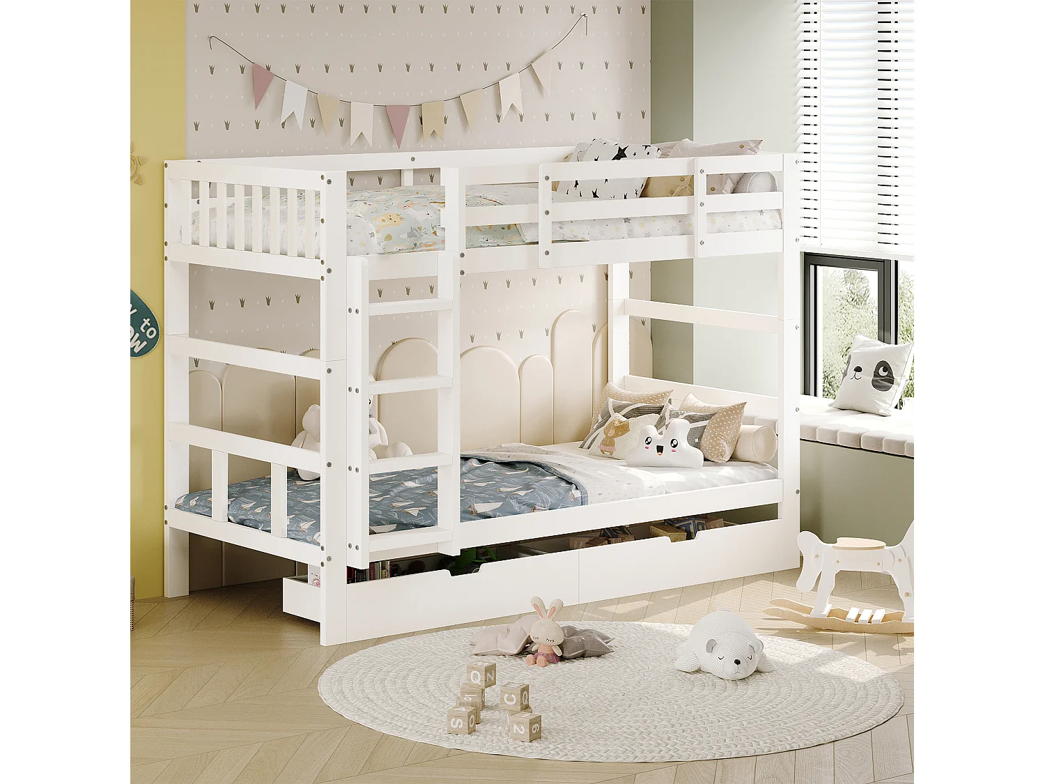 Litera infantil 90x200cm - con 2 cajones y barandillas de seguridad - de madera maciza