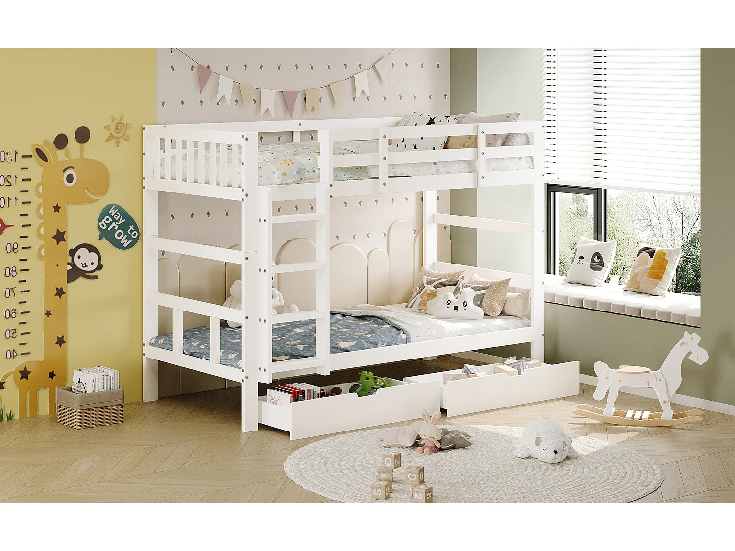 Litera infantil 90x200cm - con 2 cajones y barandillas de seguridad - de madera maciza