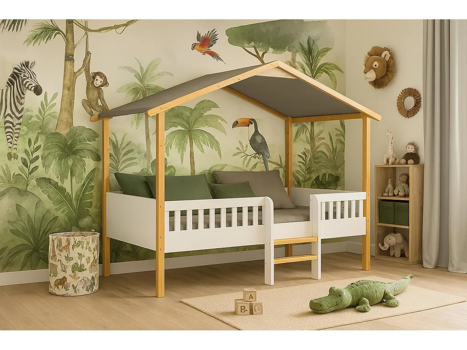 Lit Cabane Enfant, sur PILOTI 90 x 190 cm en Bois Naturel et Blanc + sommier. (sans Matelas)