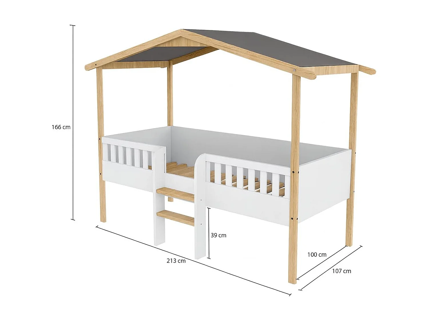 Lit Cabane Enfant, sur PILOTI 90 x 190 cm en Bois Naturel et Blanc + sommier. (sans Matelas)