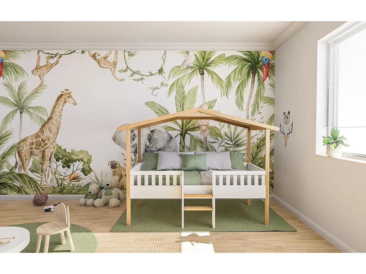 Lit Cabane Enfant, sur PILOTI 90 x 190 cm en Bois Naturel et Blanc + sommier. (sans Matelas)