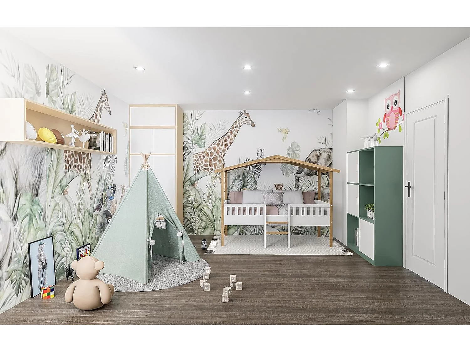 Lit Cabane Enfant, sur PILOTI 90 x 190 cm en Bois Naturel et Blanc + sommier. (sans Matelas)