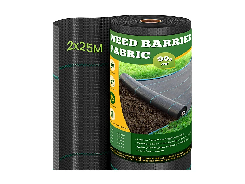 Dripex Toiles de Paillage 2m x 25m, Toile Anti Mauvaises Herbes Jardin 90g/㎡, Geotextile, Bache Noire Agricole, Tissu Perméable à l'eau