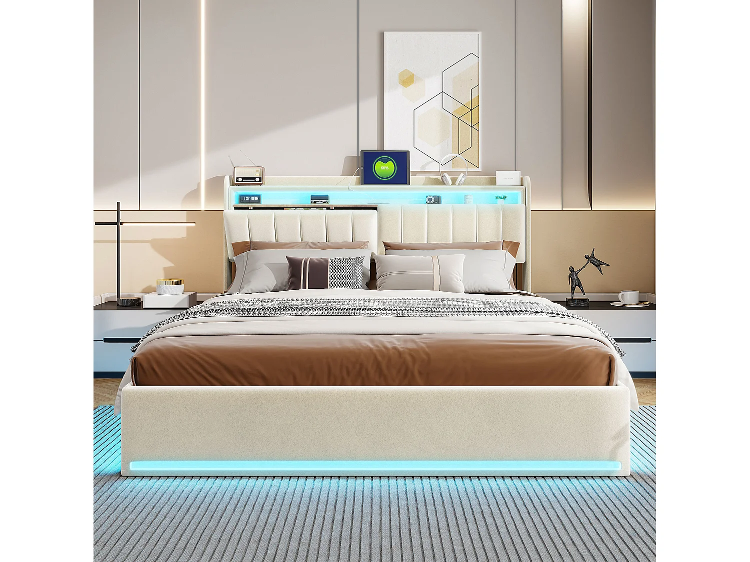 Tweepersoonsbed 160 x 200 cm met ledverlichting en hydraulische opbergruimte – hoofdbord met USB-poorten en opbergvakken – fluweel – beige