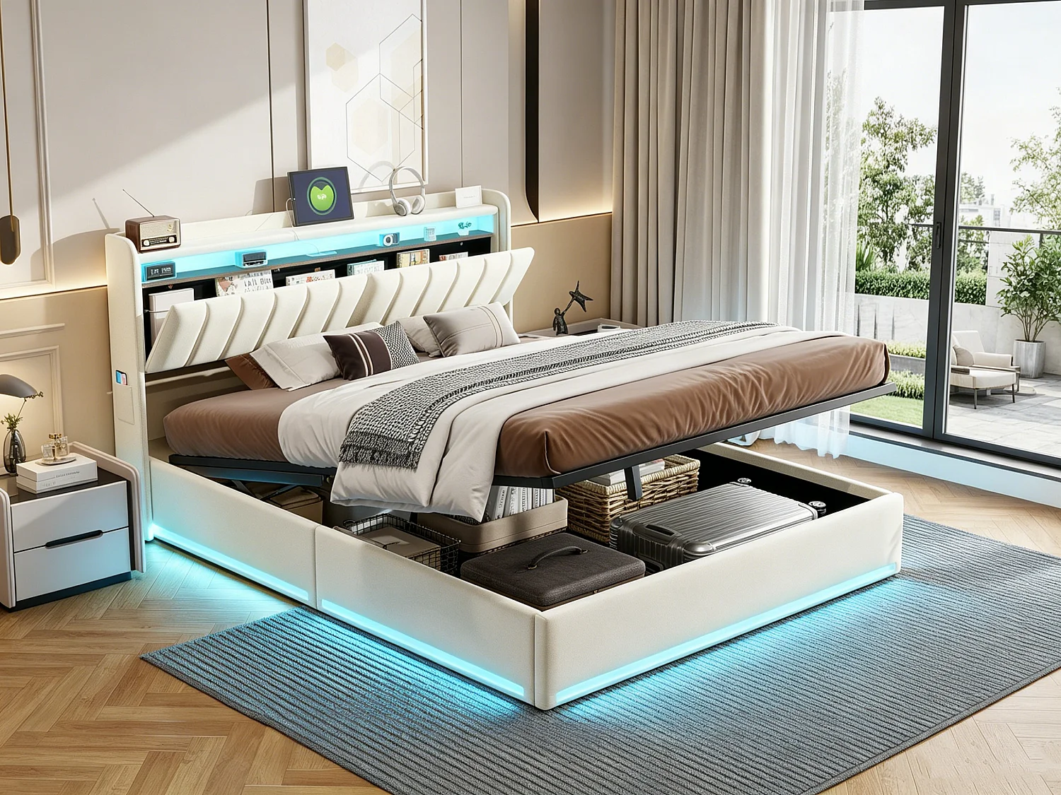 Lit double 160x200cm avec LED et rangement hydraulique - tête de lit avec ports USB et compartiments de rangement - velours - Beige