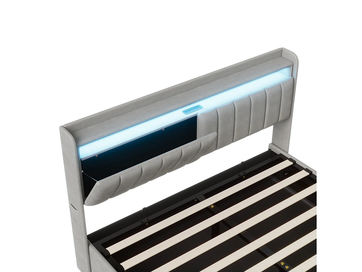 Tweepersoonsbed 140x190cm met ledverlichting en hydraulische opbergruimte - hoofdbord met USB-poorten en opbergvakken - fluweel - grijs