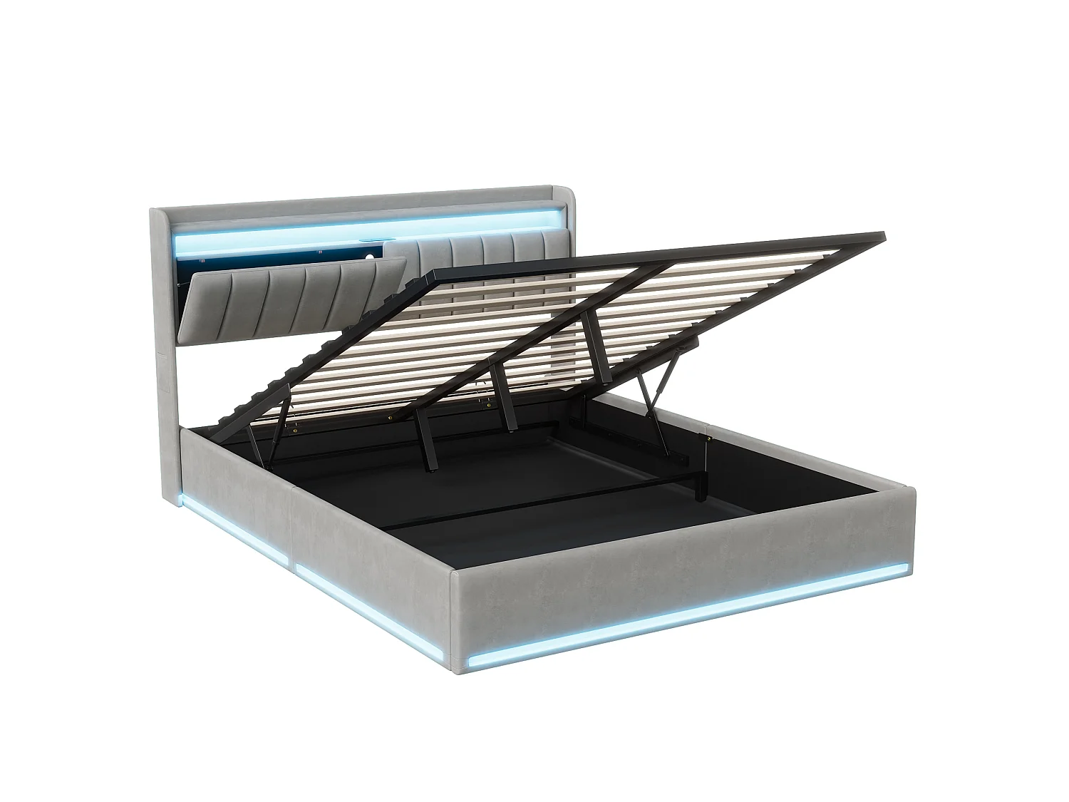Tweepersoonsbed 140x190cm met ledverlichting en hydraulische opbergruimte - hoofdbord met USB-poorten en opbergvakken - fluweel - grijs