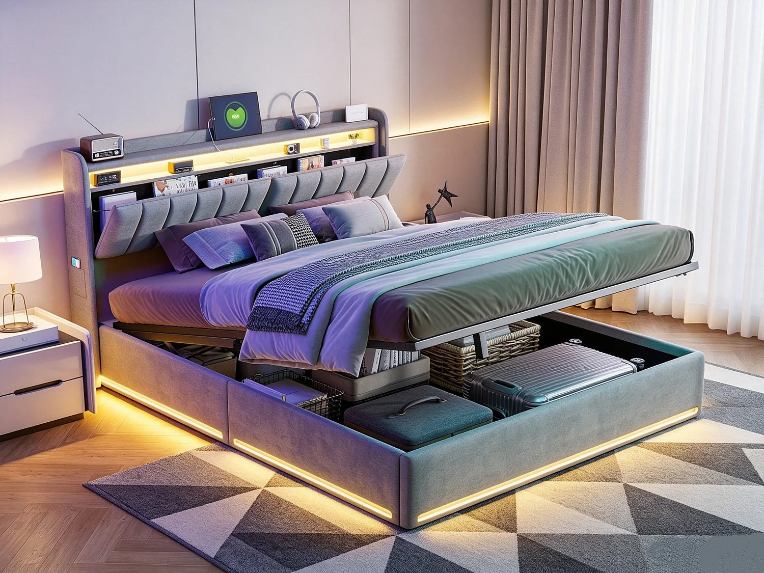 Tweepersoonsbed 140x190cm met ledverlichting en hydraulische opbergruimte - hoofdbord met USB-poorten en opbergvakken - fluweel - grijs