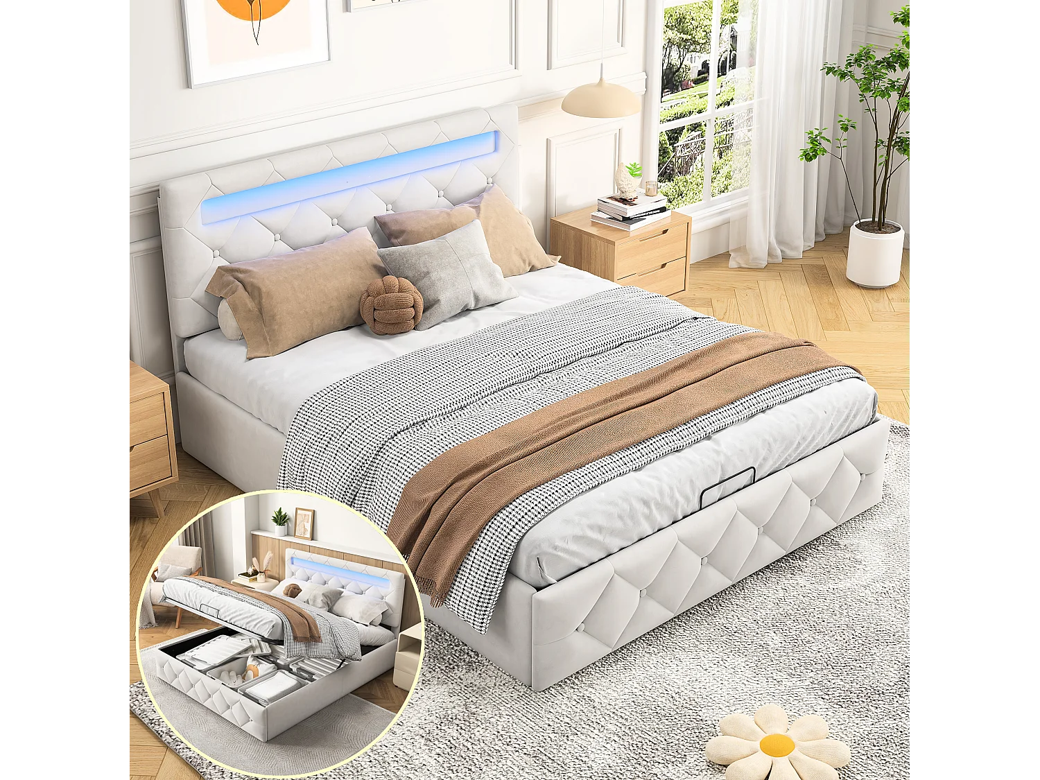 Lit coffre 140x200cm avec éclairage LED et rangement hydraulique - tête de lit réglable - velours - beige