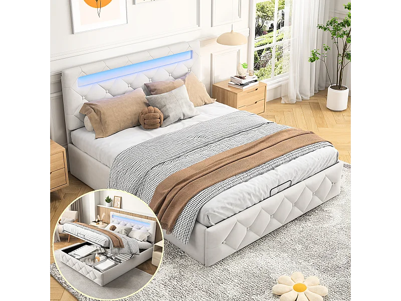 Lit coffre 140x200cm avec éclairage LED et rangement hydraulique - tête de lit réglable - velours - beige