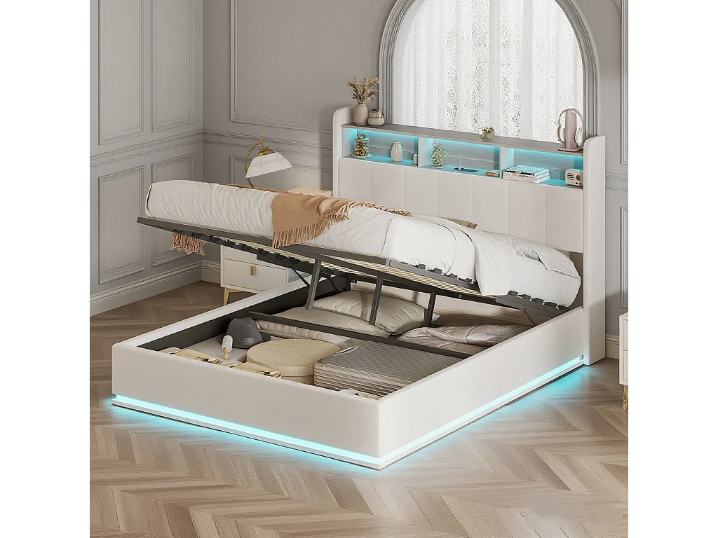 Lit double 140x190 cm avec éclairage LED et ports USB - sommier coffre hydraulique - velours - blanc