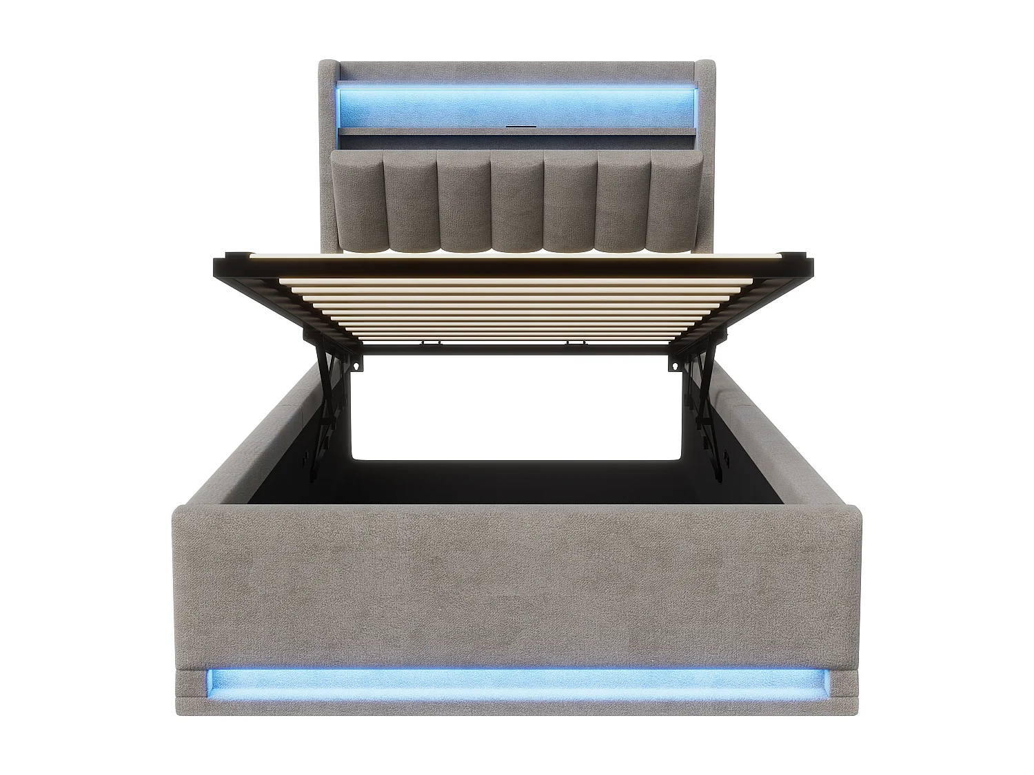 Lit simple 90x200cm avec LED et rangement hydraulique - tête de lit avec ports USB et compartiments de rangement - velours - gris