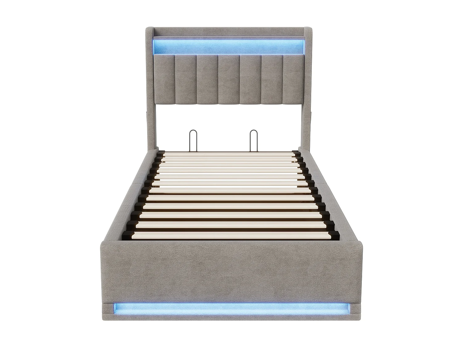 Lit simple 90x200cm avec LED et rangement hydraulique - tête de lit avec ports USB et compartiments de rangement - velours - gris