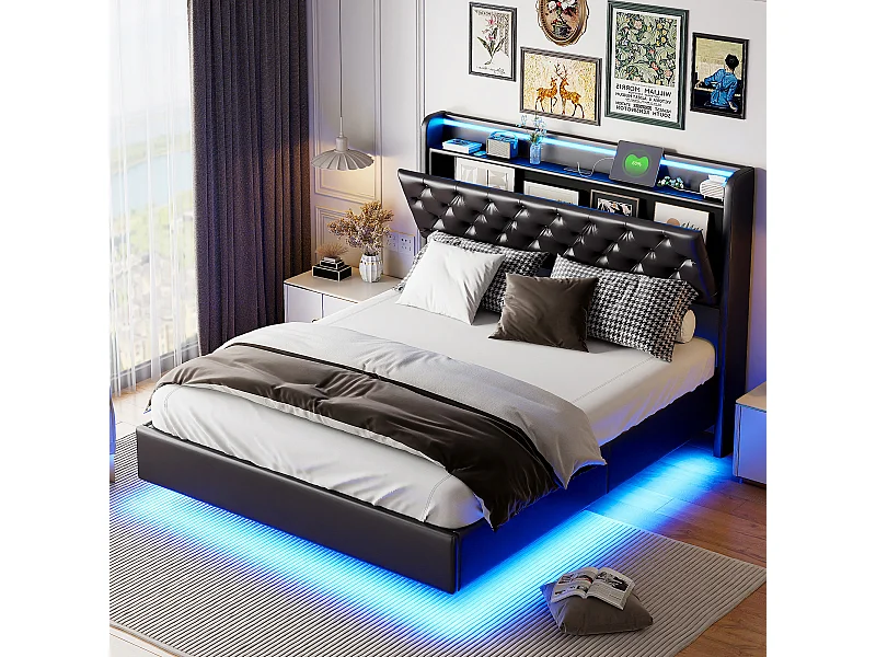 Lit double 160x200cm avec LED et ports USB - Sommier suspendu avec espace de rangement hydraulique - PU - Noir