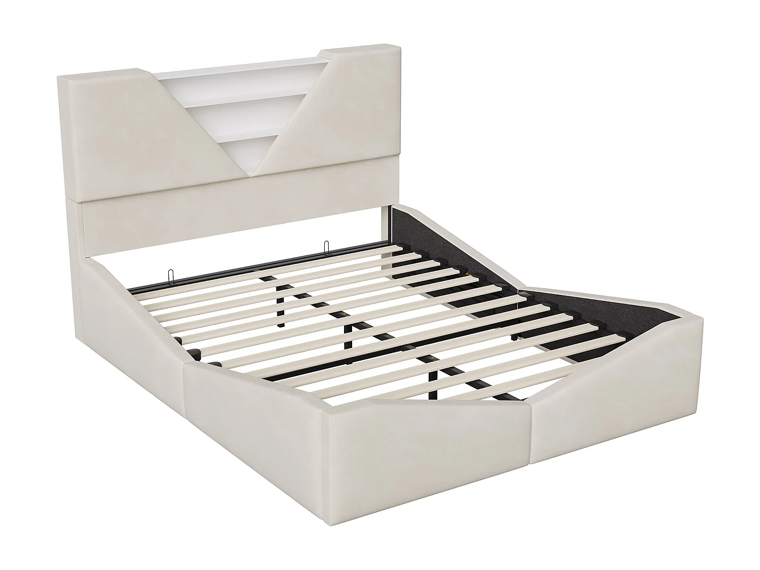Lit double 160 x 200 cm avec rangement hydraulique - tête de lit triangulaire avec LED et fonction de chargement sans fil - beige