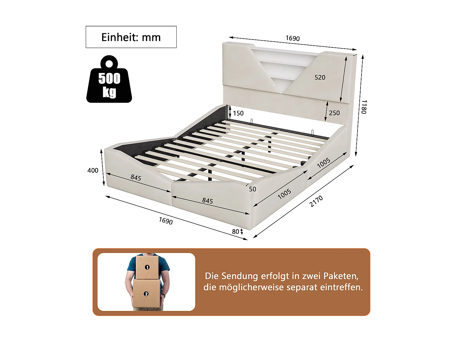 Lit double 160 x 200 cm avec rangement hydraulique - tête de lit triangulaire avec LED et fonction de chargement sans fil - beige