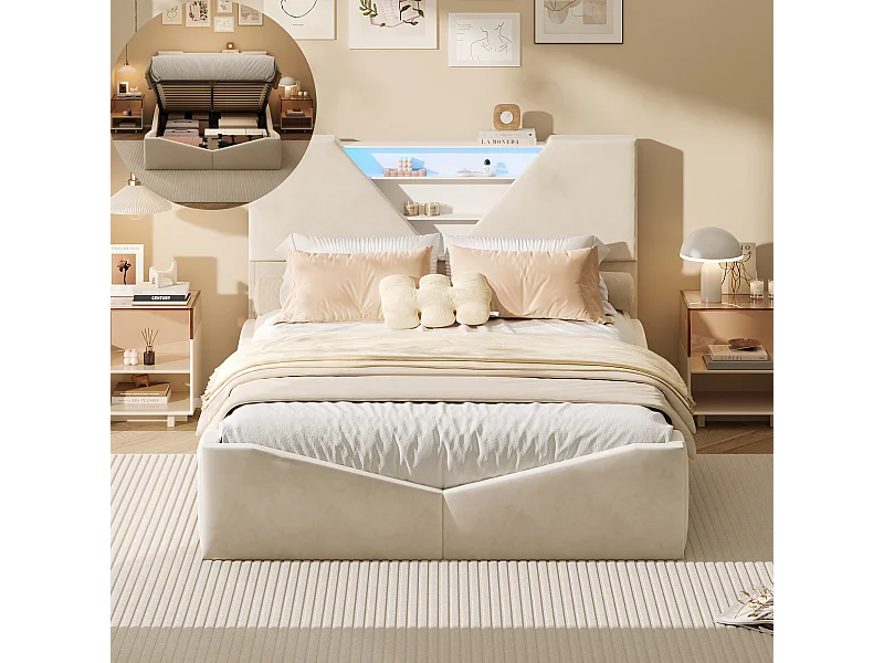 Lit double 160 x 200 cm avec rangement hydraulique - tête de lit triangulaire avec LED et fonction de chargement sans fil - beige
