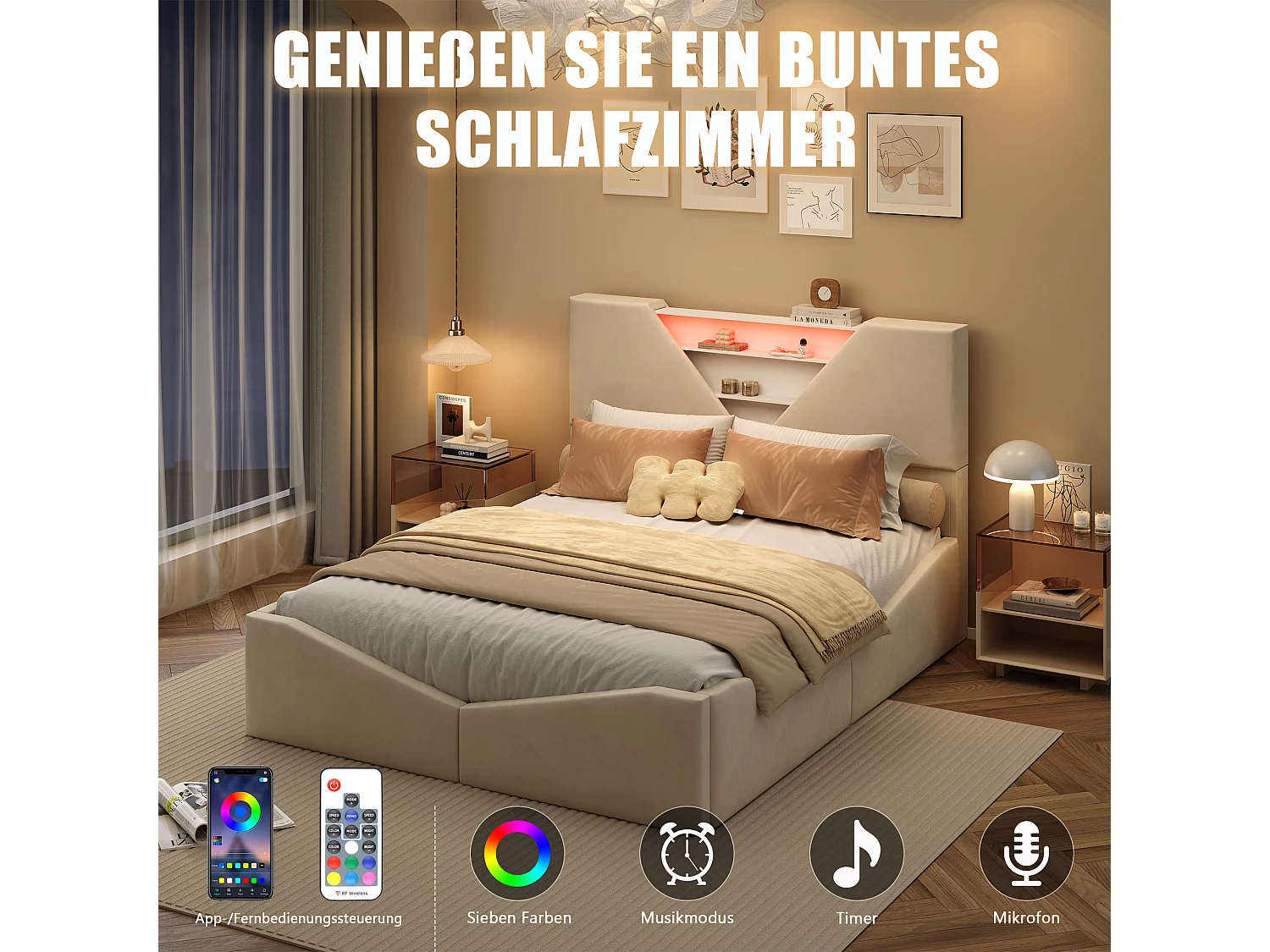 Lit double 140 x 190 cm avec rangement hydraulique - tête de lit triangulaire avec LED et fonction de chargement sans fil - beige