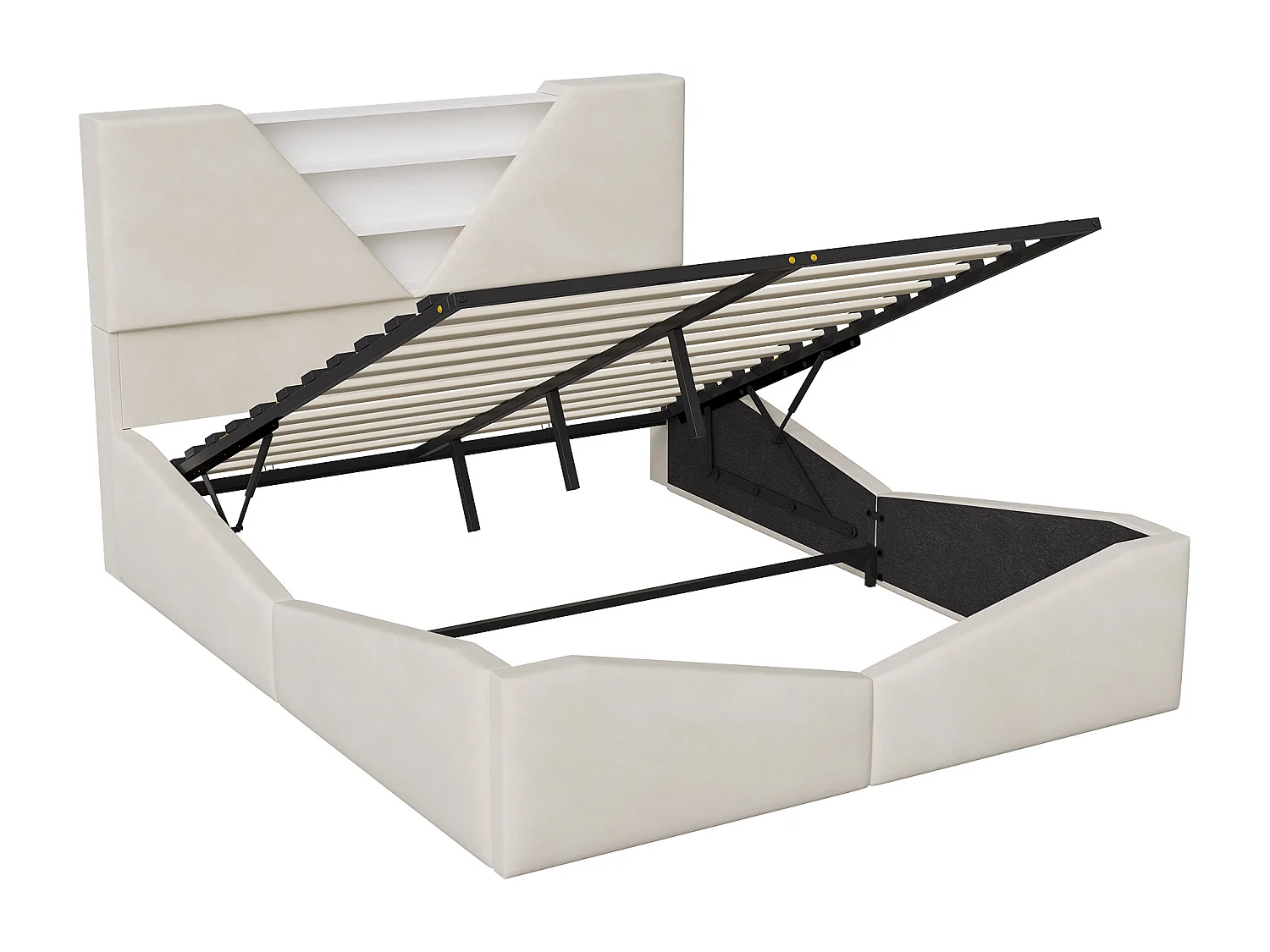 Lit double 140 x 190 cm avec rangement hydraulique - tête de lit triangulaire avec LED et fonction de chargement sans fil - beige