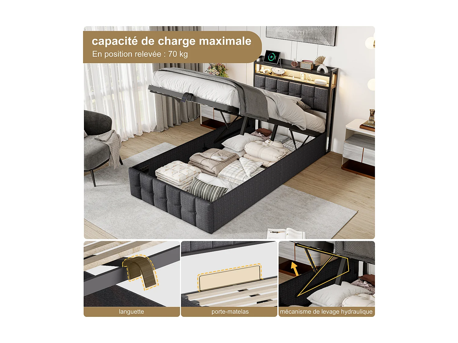 Eenpersoonsbed met opbergvak 90x200 cm met ledverlichting en USB-aansluiting - hydraulisch opbergvak - Linnen - Grijs