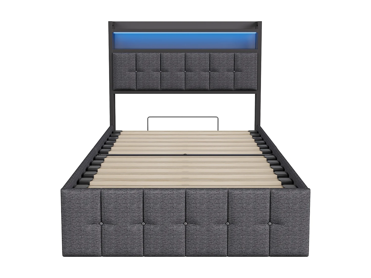 Eenpersoonsbed met opbergvak 90x200 cm met ledverlichting en USB-aansluiting - hydraulisch opbergvak - Linnen - Grijs