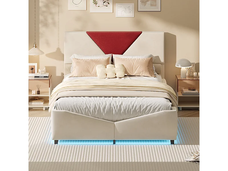 Lit double 140 x 200 cm avec rangement hydraulique et éclairage LED - tête de lit triangulaire contrastée - beige