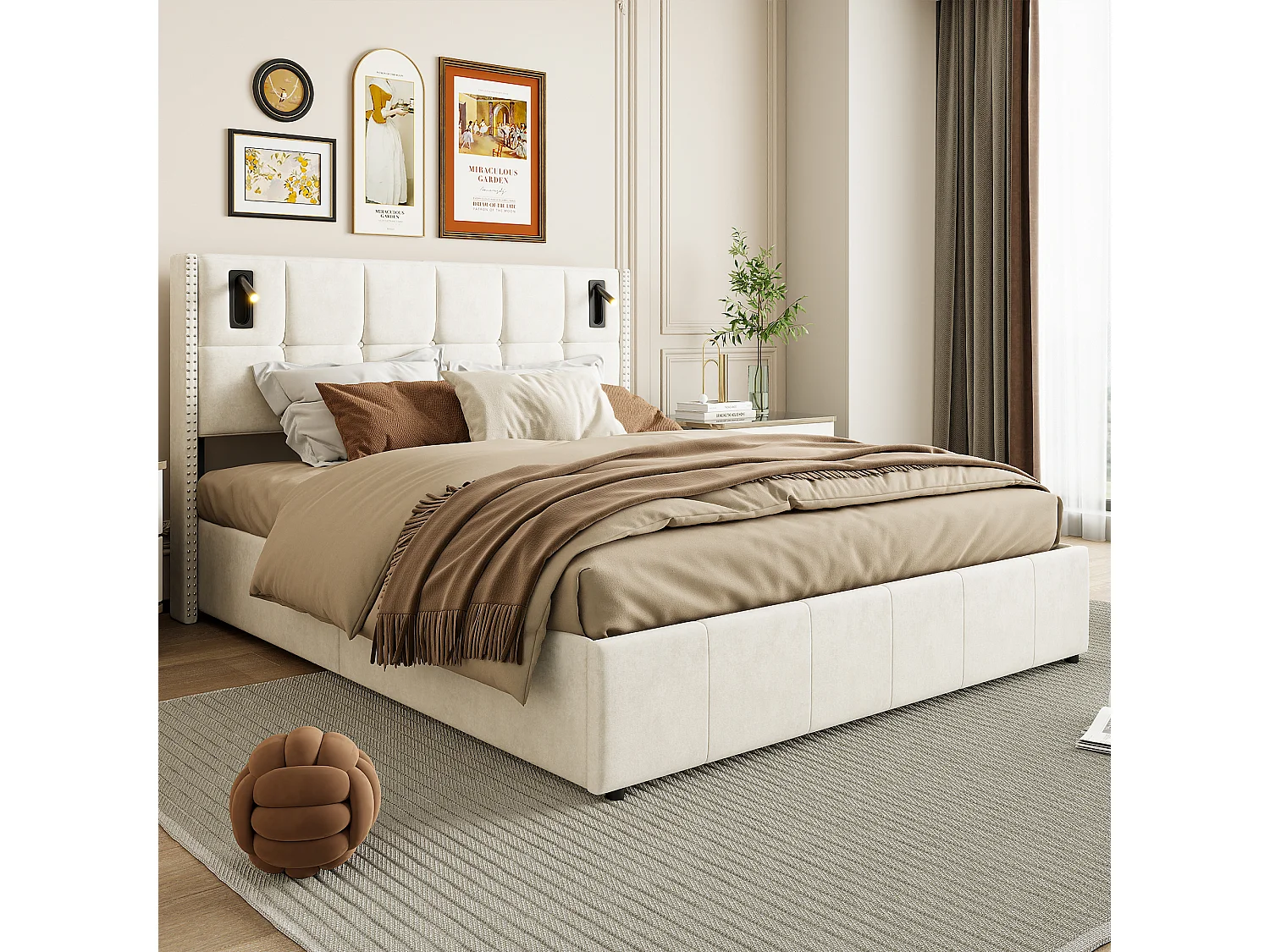 Lit double 160 x 200 cm - Tête de lit avec liseuse - Coffre de rangement hydraulique et sommier à lattes - Velours - Beige