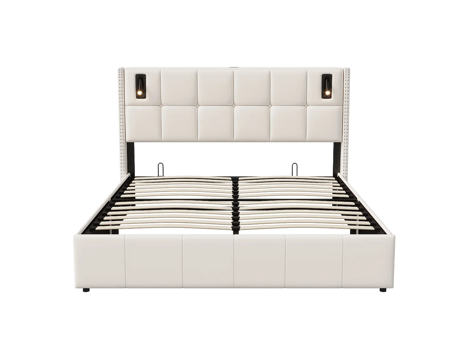 Lit double 160 x 200 cm - Tête de lit avec liseuse - Coffre de rangement hydraulique et sommier à lattes - Velours - Beige