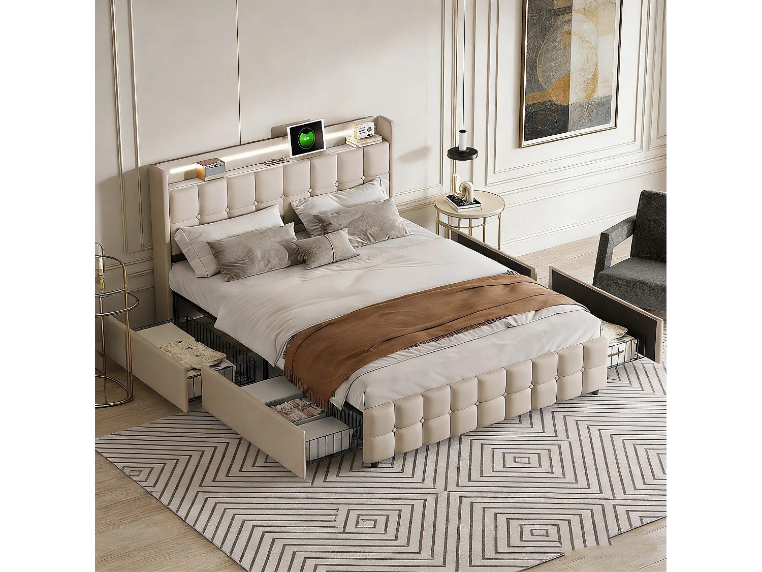 Lit rembourré 140x200cm - avec bande LED et fonction de charge - avec 4 tiroirs et sommier à Lattes - lin - beige