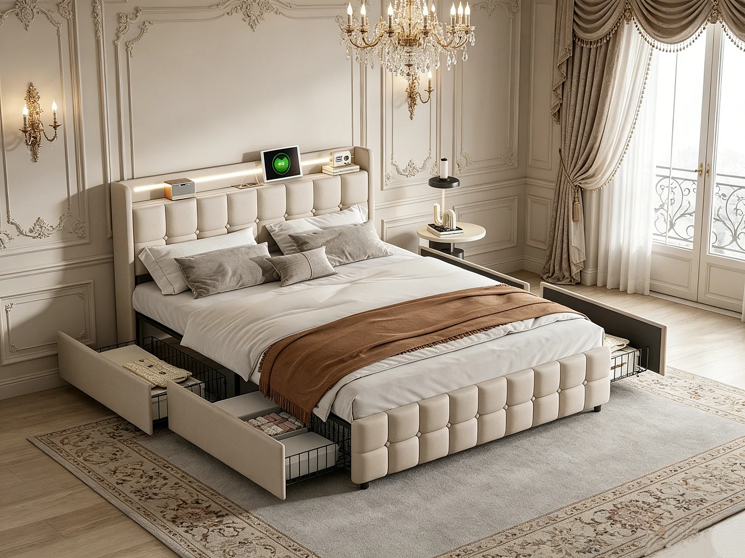 Lit rembourré 140x200cm - avec bande LED et fonction de charge - avec 4 tiroirs et sommier à Lattes - lin - beige