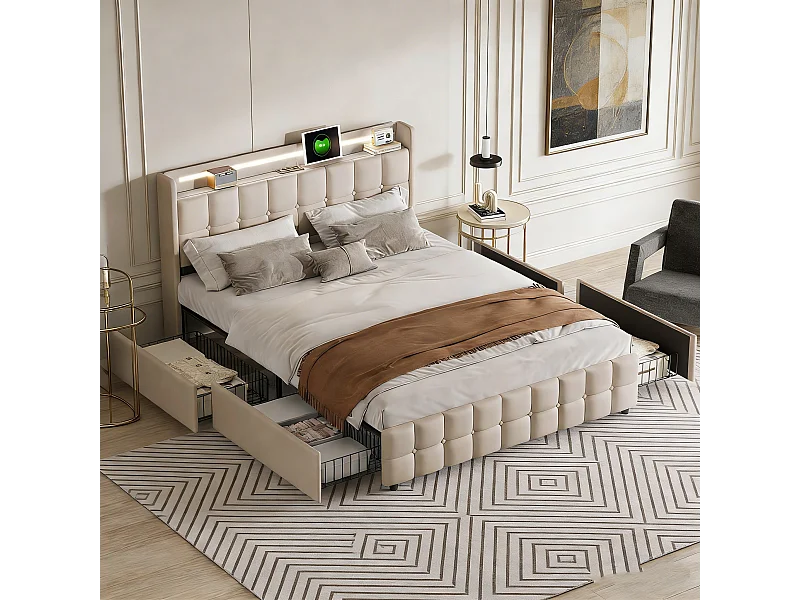 Lit rembourré 140x200cm - avec bande LED et fonction de charge - avec 4 tiroirs et sommier à Lattes - lin - beige