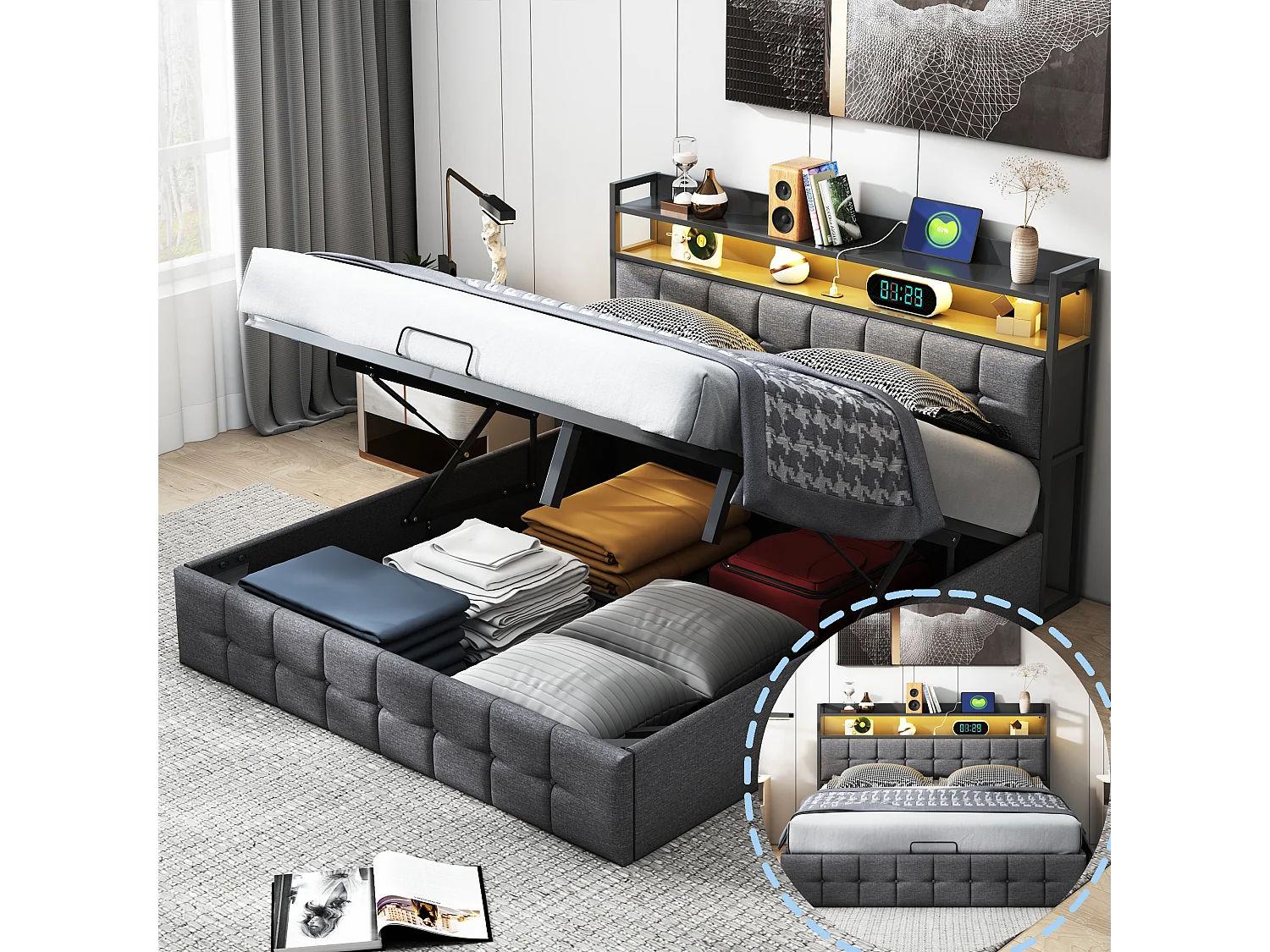 Cama con almacenaje de 160 x 200 cm con iluminación LED y puerto USB - con compartimento hidráulico - Lino - Gris