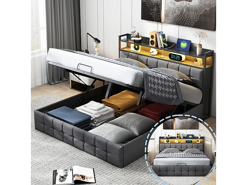 Cama con almacenaje de 160 x 200 cm con iluminación LED y puerto USB - con compartimento hidráulico - Lino - Gris