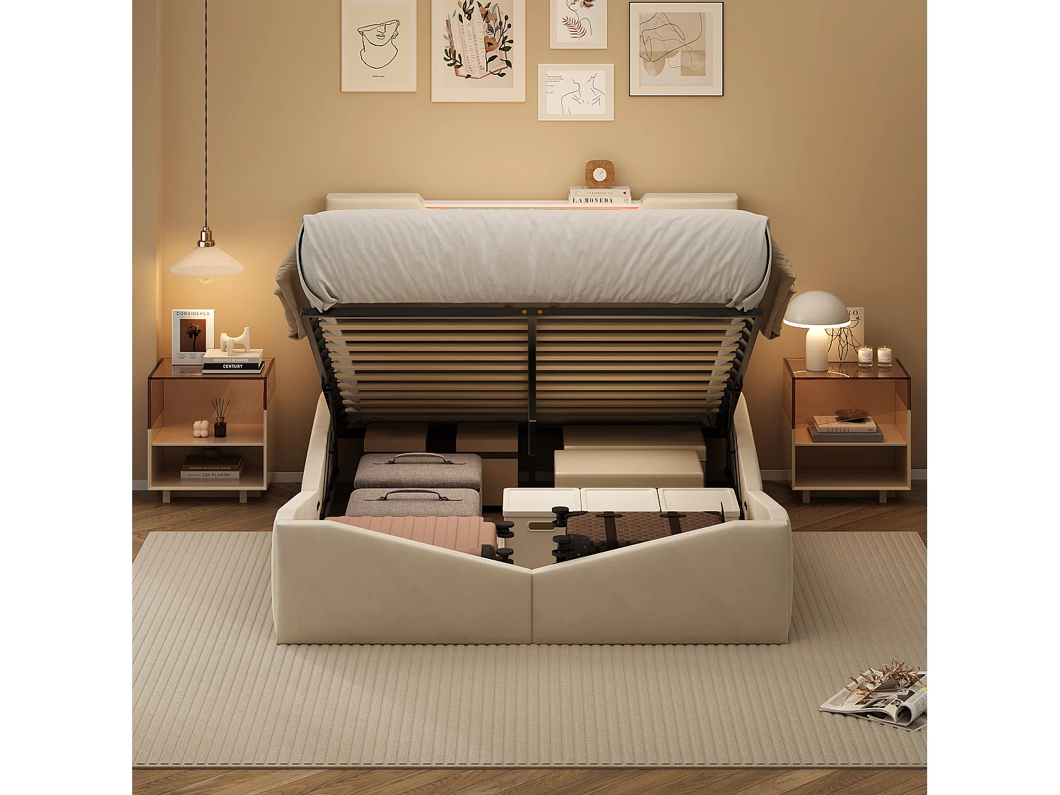 Lit double 140 x 200 cm avec rangement hydraulique - tête de lit triangulaire avec LED et fonction de chargement sans fil - beige