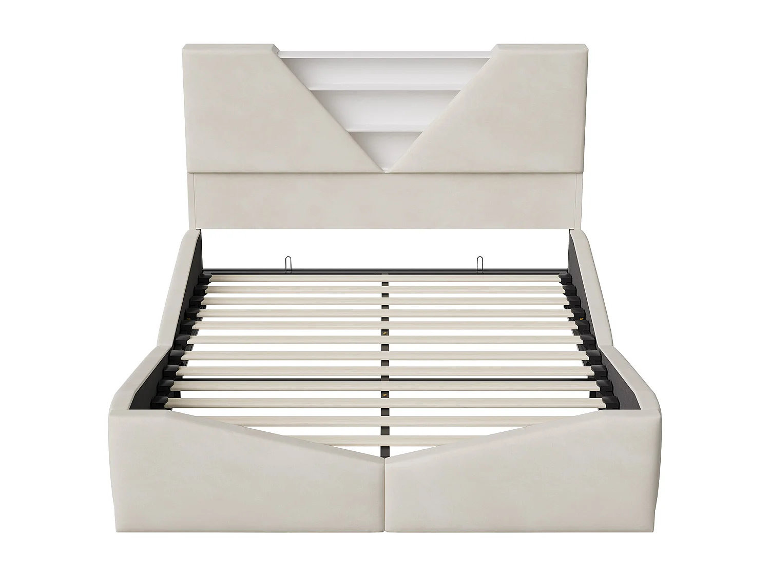 Lit double 140 x 200 cm avec rangement hydraulique - tête de lit triangulaire avec LED et fonction de chargement sans fil - beige