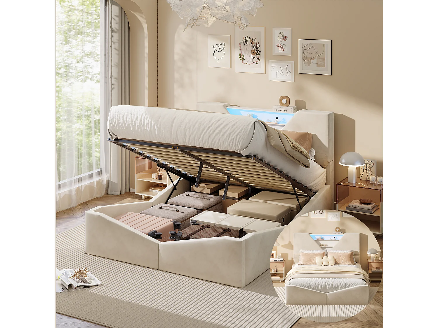 Lit double 140 x 200 cm avec rangement hydraulique - tête de lit triangulaire avec LED et fonction de chargement sans fil - beige