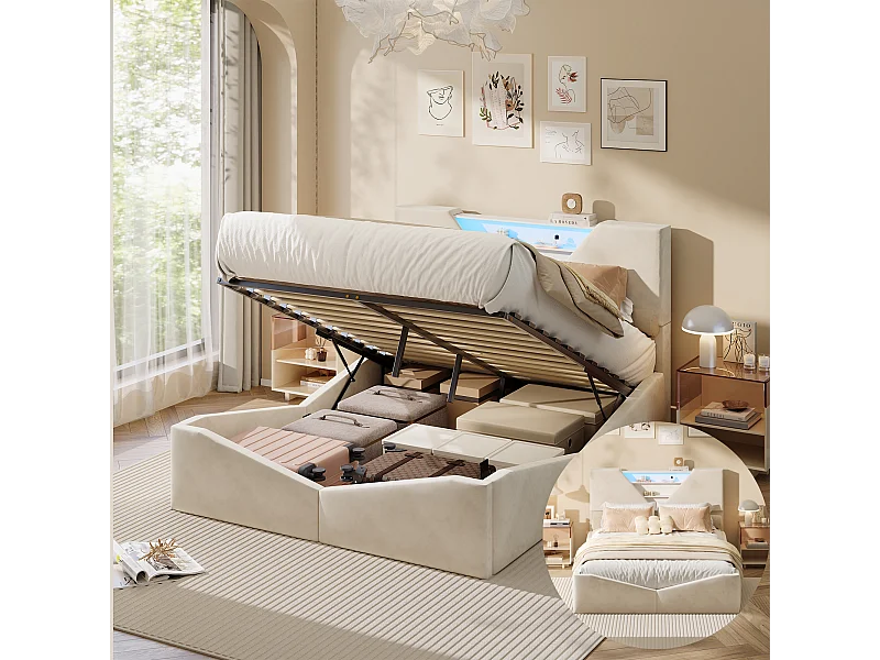 Lit double 140 x 200 cm avec rangement hydraulique - tête de lit triangulaire avec LED et fonction de chargement sans fil - beige