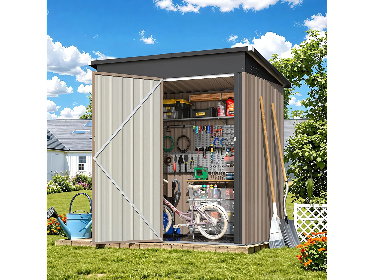 YODOLLA Abri de Jardin en Métal avec Toit Incliné, Porte Coulissante & Sol, Boîte de Rangement Étanche 150x85.6x159cm, Gris