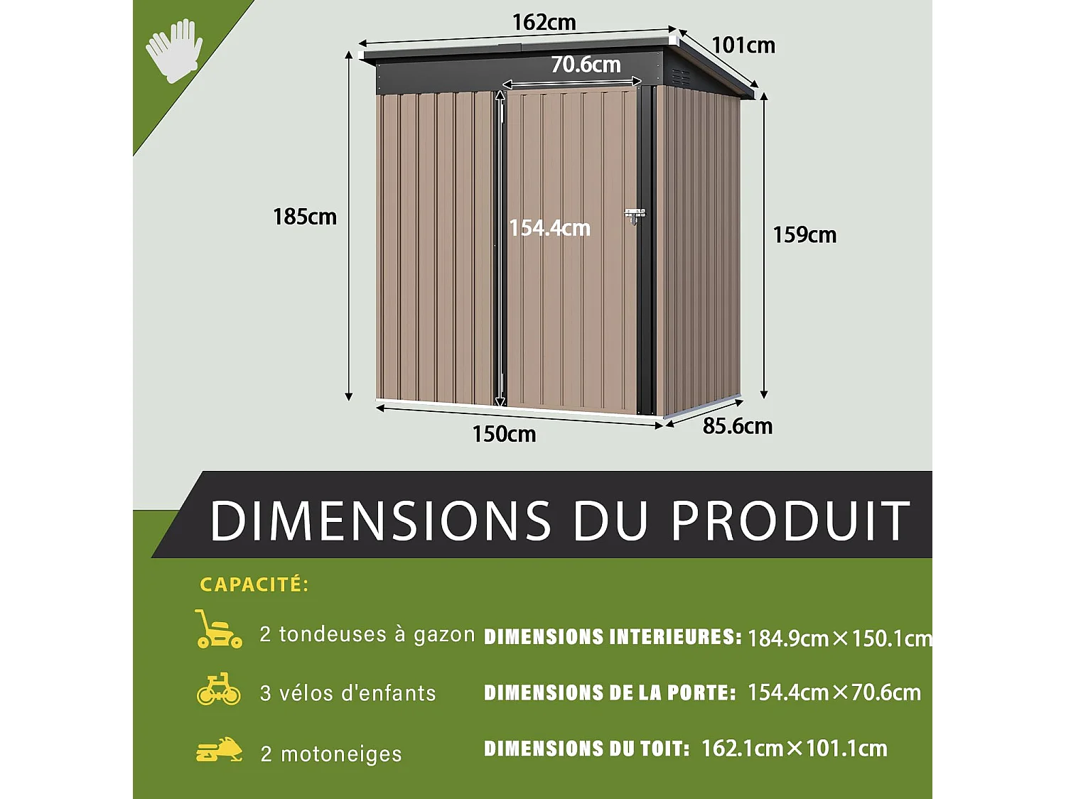 YODOLLA Abri de Jardin en Métal avec Toit Incliné, Porte Coulissante & Sol, Boîte de Rangement Étanche 150x85.6x159cm, Gris