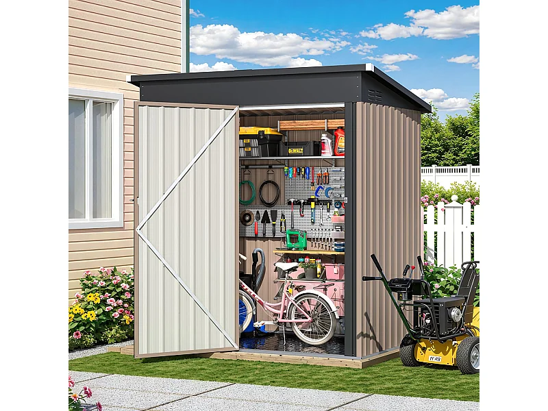 YODOLLA Abri de Jardin en Métal avec Toit Incliné, Porte Coulissante & Sol, Boîte de Rangement Étanche 150x85.6x159cm, Gris