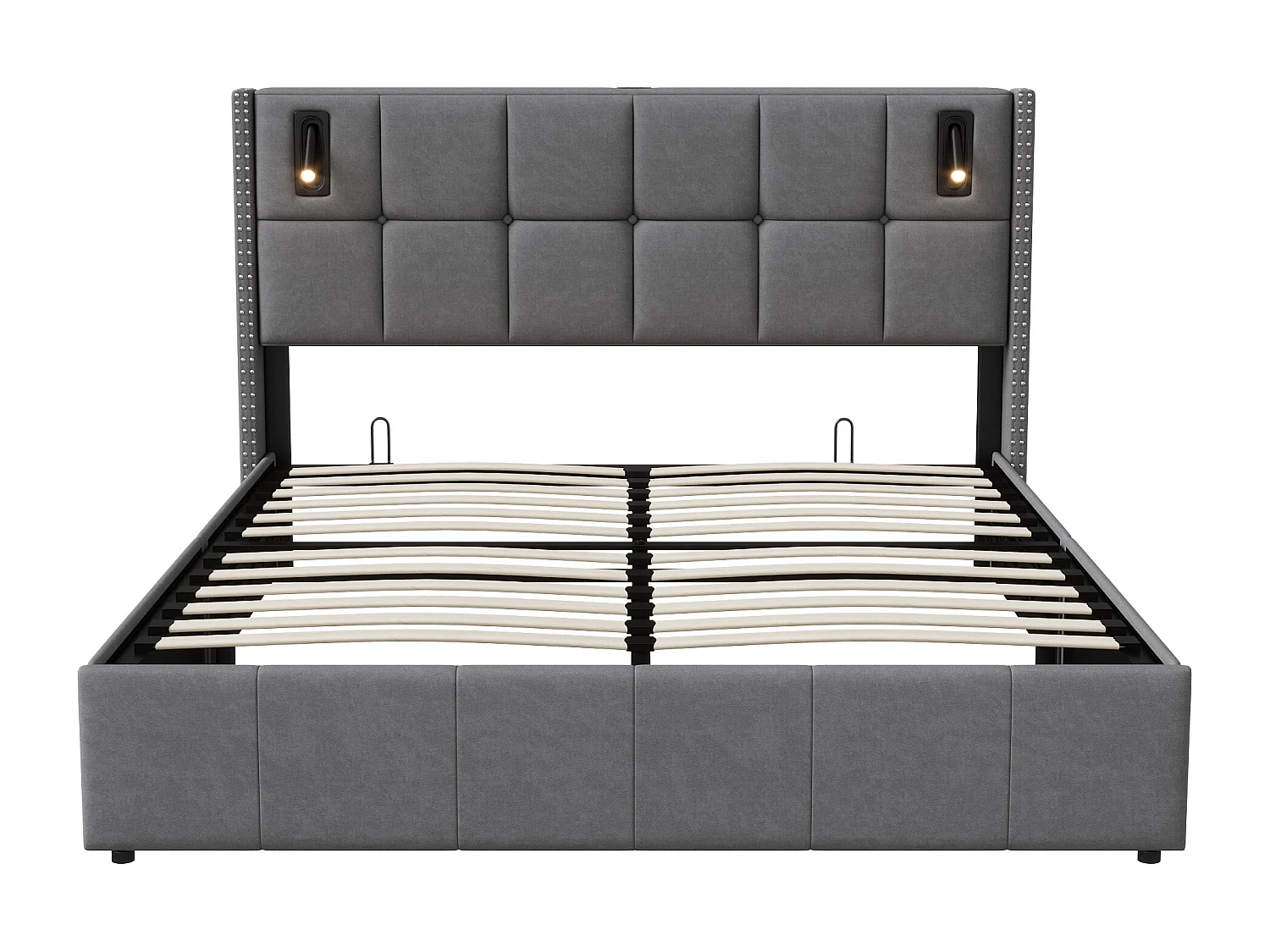 Cama de matrimonio 160 x 200 cm - Cabecero con luz de lectura - Compartimento hidráulico y somier de láminas - Terciopelo - Gris