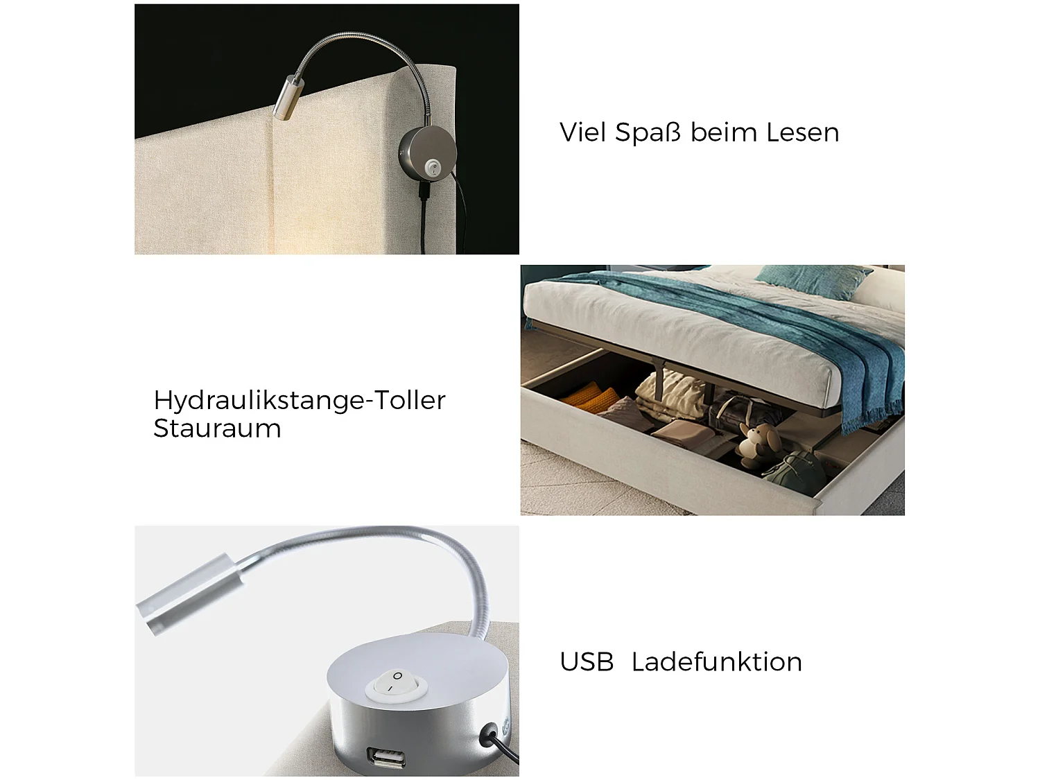 Lit adulte 160 x 200 cm avec coffre de rangement hydraulique - tête de lit avec liseuse - lin - beige