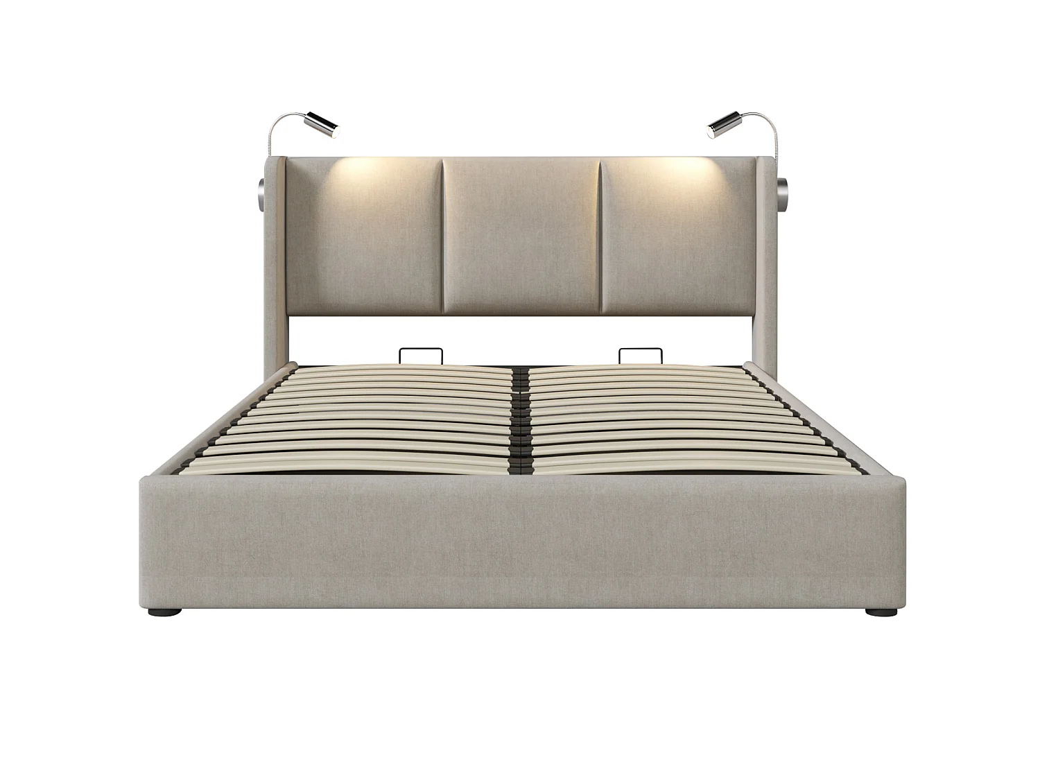 Lit adulte 160 x 200 cm avec coffre de rangement hydraulique - tête de lit avec liseuse - lin - beige